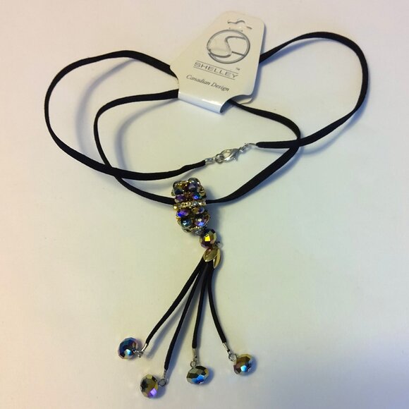 NEW Shelley Long Black Genuine Leather Art Deco Beaded Necklace - Picture 2 of 7